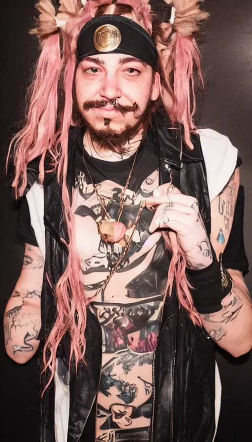 Prompt: full outfit photograph of post Malone cosplaying as astolfo,