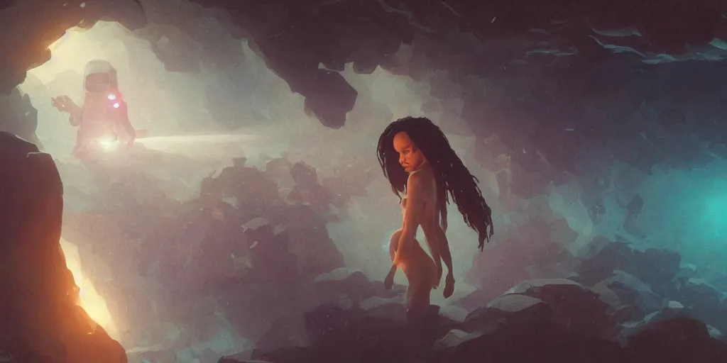 Image similar to Zoe Kravitz as an astronaut, underwater in the ocean at night, eerie atmospheric cave, volumetric lighting, glowing lights, 4k, octane, digital painting, artstation, concept art, sharp focus, illustration, art by artgerm and greg rutkowski and alphonse mucha wide angle view,