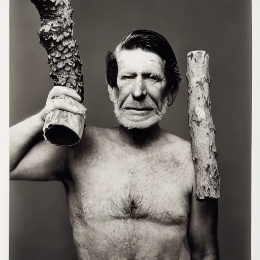 Prompt: a feathered man holding a log, large format film photo by richard avedon