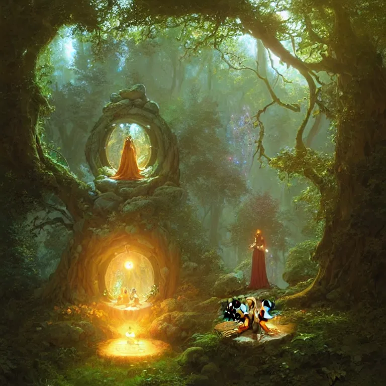 Image similar to Fantasy Magical fairy-tale glowing stone portal in the forest. Round stone portal teleport in trees to other worlds. Fantastic landscape. Magic Altar in the fores, highly detailed, digital painting, concept art, smooth, sharp focus, illustration, art by greg rutkowski and alphonse mucha