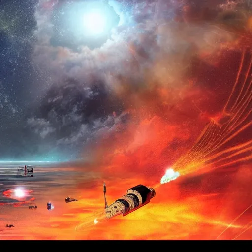 Prompt: space submarine, u-boat, big ship big cannons, in orange space nebula, concrete, concrete sun, ww2 space tech, very very very very beautiful digital art, wide angle, far away, from the distance