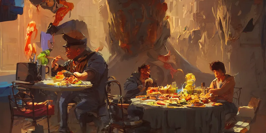 Prompt: cartoonish van morrison eating dinner, vivid colors, character sheet, fine details, concept design, contrast, kim jung gi, greg rutkowski, trending on artstation, 8 k, full body, turnaround, front view, back view, ultra wide angle