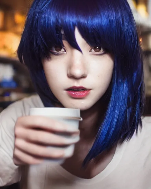 Image similar to touka kirishima from tokyo ghoul as a barista, in a coffee shop, dark blue hair, modern fashion, half body shot, photo by greg rutkowski, female beauty, f / 2 0, symmetrical face, warm colors, natural indoor lighting, depth of field