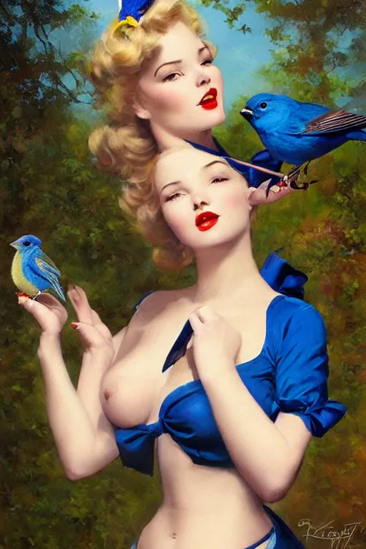 Image similar to hyper realistic painting, tasteful pinup girl holding an indigo bunting, bird, the bird is wearing a bowtie, by greg rutkowski, rossdraws, gil elvgren, enoch bolles, anime, porcelain skin, glistening, very coherent,