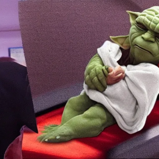 Image similar to putin sleeping in bed next to yoda