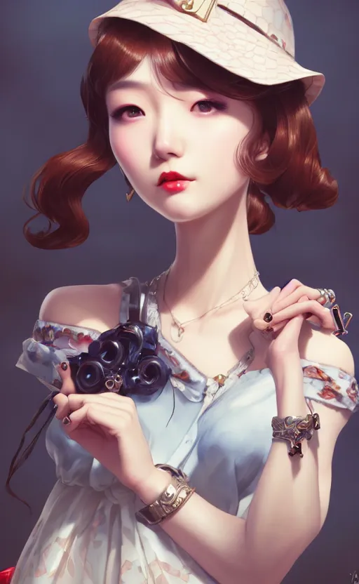 Image similar to a pin up and beautiful fashion charming dreamlke korea girl with lv jewelry, character art, art by artgerm lau and kyoung hwan kim and and ilya kuvshinov and john singer sargent, hyperdetailed, 8 k realistic, symmetrical, frostbite 3 engine, cryengine, dof, trending on artstation, digital art