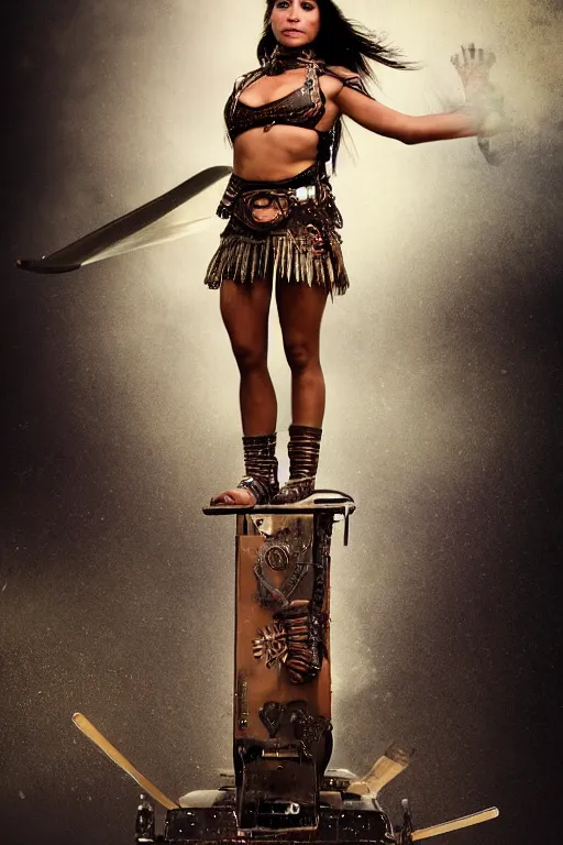 Image similar to old vintage full body photo of ancient Mexican warrior female on the complex big steam punk airboard with antigravity engine, extreme sports photography , dynamic photography,symmetrical face, beautiful female face, slim body, high speed,dirt and grawel flying in the spot, lens flares, dust in the air, dramatic lighting, intricate, highly detailed, centered, smooth, sharp focus, sports photography, old photo, black and white, sepia, cinematic lighting, cinematic angle, national geographic