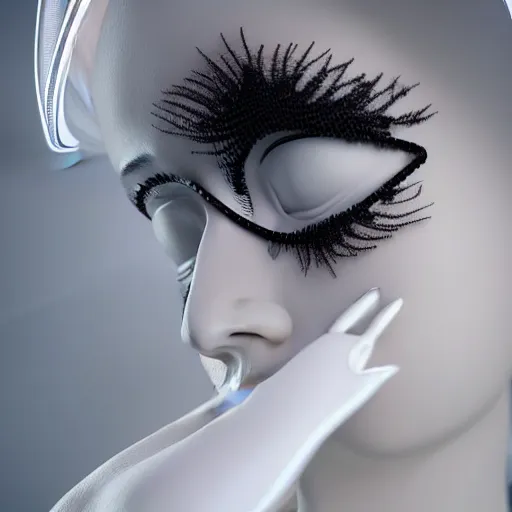 Prompt: ultra detailed woman wearing a white mask with black wires on her head, featured on pinterest, net art, made of wire, 1 0 mm lens, elegant, ultra detailed, hyper realistic vfx simulation, unreal engine, volumetric lighting, 8 k post - production