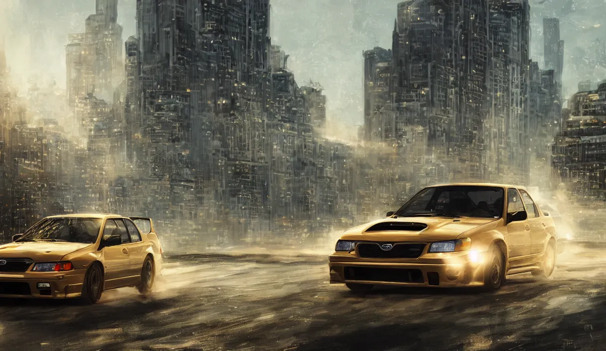 Image similar to detailed intricate digital landscape illustration by greg rutkowski and artgerm and wlop and sanford robinson gifford ; 1 9 9 4 subaru wrx sti driving in a beautiful windy city with long exposure light streaks ; 1 3 mm film, arri alfa anamorphic lens ; sharp focus, golden hour lighting, trending on artstation 4 k