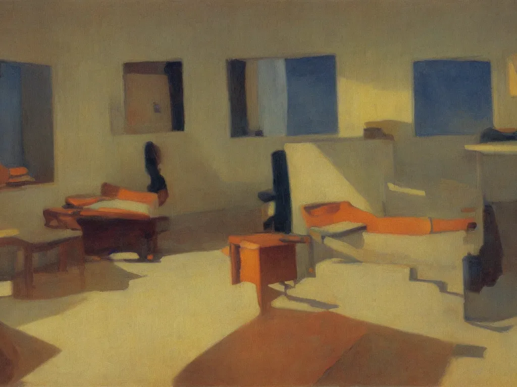 Image similar to the collector of corals in an interior. autumn sunset. painting by hopper