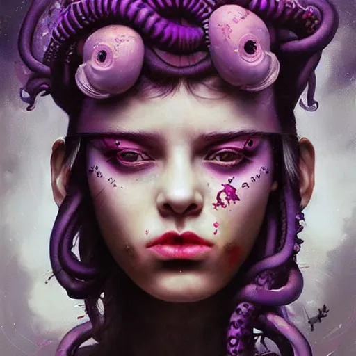 Image similar to art portrait of a furious girl with purple tentacles on her head, 8 k, by tristan eaton, stanley artgermm, tom bagshaw, greg rutkowski, carne griffiths, trending on deviantart, face enhance, hyper detailed, full of colour,