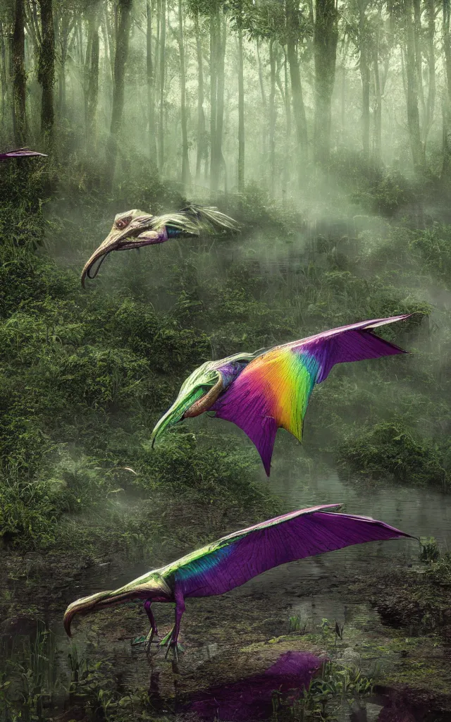 Prompt: iridiscent rainbow dim pterodactyl lying in a swamp, moss and mud, photography, 3d octane render