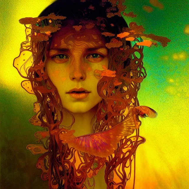 Image similar to psychedelic transcendent freckled face mind bending psychedelic wings of glossy liquid honey flowing like kaleidoscopic translucent holograph, lsd feathers, honey wind, enlightenment, high contrast dappled lighting, refracted sunset, highly detailed, concept art, art by collier, albert aublet, krenz cushart, artem demura, alphonse mucha