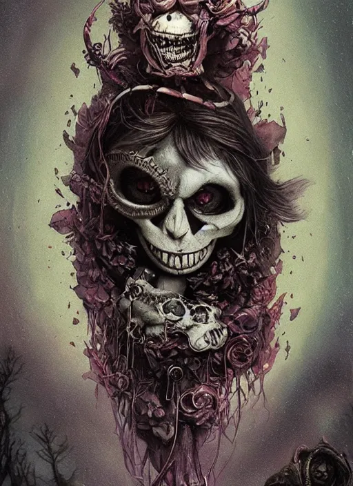 Prompt: Alice in Wonderland Cheshire Cat Death Tarot card,highly detailed,half skull face,cinematic,8k,by Stanley Artgermm,Tom Bagshaw,Greg Rutkowski,Carne Griffiths, Ayami Kojima, Beksinski, Giger,trending on DeviantArt,hyper detailed,horror, full of colour