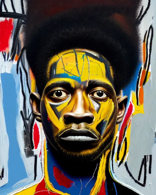 Image similar to A extremely ultra highly detailed majestic hi-res beautiful immaculate head and shoulders award winning painting stunning masterpiece of the face of a ultra highly detailed strong black African man portrait by Jean-Michel Basquiat, 8k, high textures, ultra hyper sharp, insanely detailed and intricate, super detailed, 8k HDR ultra high quality, high detail, hyperrealist, photorealistic, octane render, cinematic, high textures, hyper sharp, 4k insanely detailed and intricate, surrealism, surrealist, real life, lifelike, 8k, hyper realistic, super detailed, realistic, 4k HDR hyper realistic high