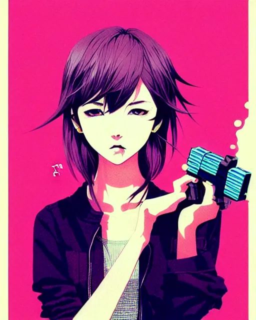 Image similar to girl holding flashbang, detailed manga illustration!! intricate details, beautiful perfect face, perfect body, aesthetically pleasing pastel colors, poster background, aesthetic details, art by conrad roset and ilya kuvshinov