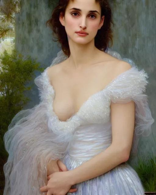 Prompt: realistic oil painting of young 1 8 - year old winona ryder or natalie portman wearing an iridescent wedding dress covered in pearls, highly detailed, intricate,, elegant, digital painting, smooth, sharp focus, illustration, ultra realistic, 8 k, by bouguereau, alphonse mucha, artgerm, and donato giancola