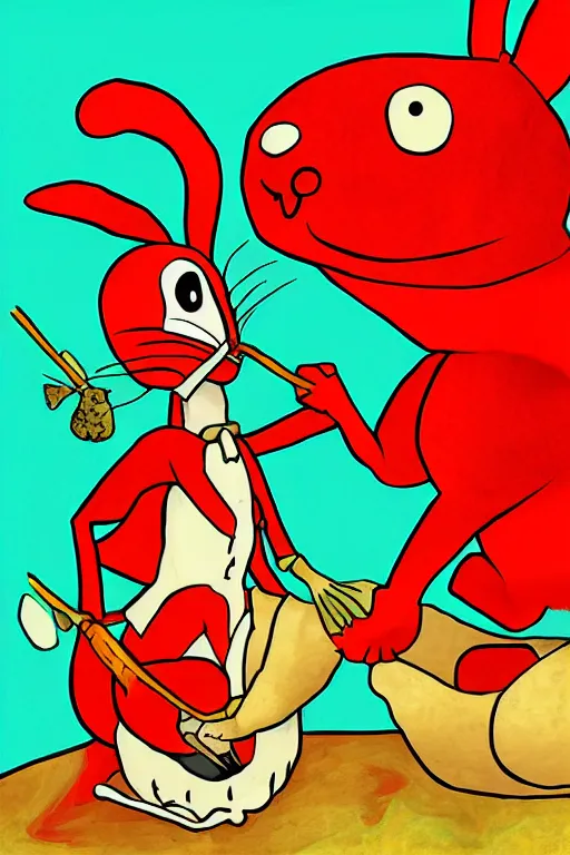 Image similar to red magician killing rabbit, art by tafy laplanche, colored by food colorhunt