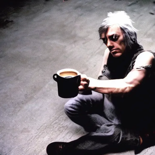 Image similar to a man sitting on the floor with a cup of coffee, an album cover by John Cale, tumblr, neo-figurative, movie still, wiccan, 1990s