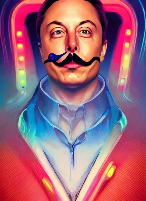 Image similar to symmetry!! portrait of elon musk with a salvador dali moustache intricate, neon lights, highly detailed, digital painting, artstation, concept art, smooth, sharp focus, illustration, art by artgerm and greg rutkowski