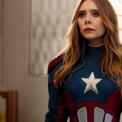 Prompt: Elizabeth Olsen is captain america