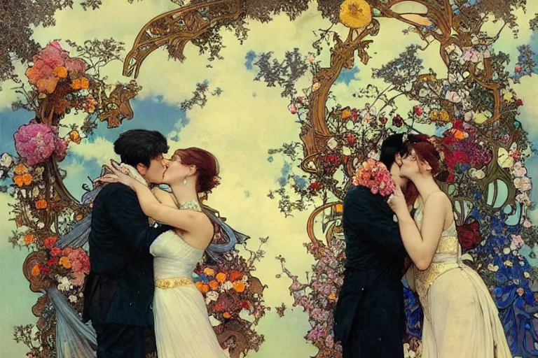 Image similar to the groom kisses the bride at a wedding full of flowers, bright and happy, dreamlike art, highly detail, 4 k realistic, wedding photoy krenz cushart. artem demura. alphonse mucha. yoji shinkawa artgerm. jon lothian. danilo torres. adi meyers. thomas reimann. gaston bussiere.