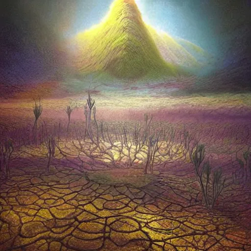 Image similar to artistic digital artwork of an epic natural scene on an alien planet. beautiful landscape by vincent bons, michael whelan, remedios varo and gerardo dottori. grainy and rough. interesting pastel colour palette. beautiful light. oil and water colour based on high quality render.