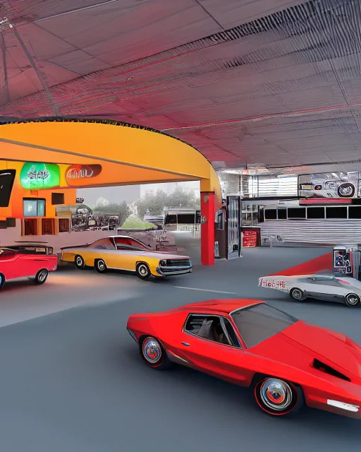 Prompt: indoors of car show pavilion with great cars of 1970s with stages like drive in and gas station, volumetric lighting, funky design, 1970s palette, hyper realism, high detail, octane render, high contrast , 8k