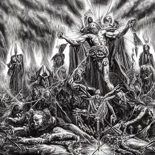 Prompt: a dark and hyper - detailed intricate album cover for a christian black metal band, symbolum apostolicum, apostles creed, jesus descended to hell. the third day he rose again from the dead, artwork by justin bartlet