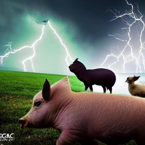 Prompt: national geographic photograph of a flying pig, natural lightning, outdoor, photobomb by an alpaca