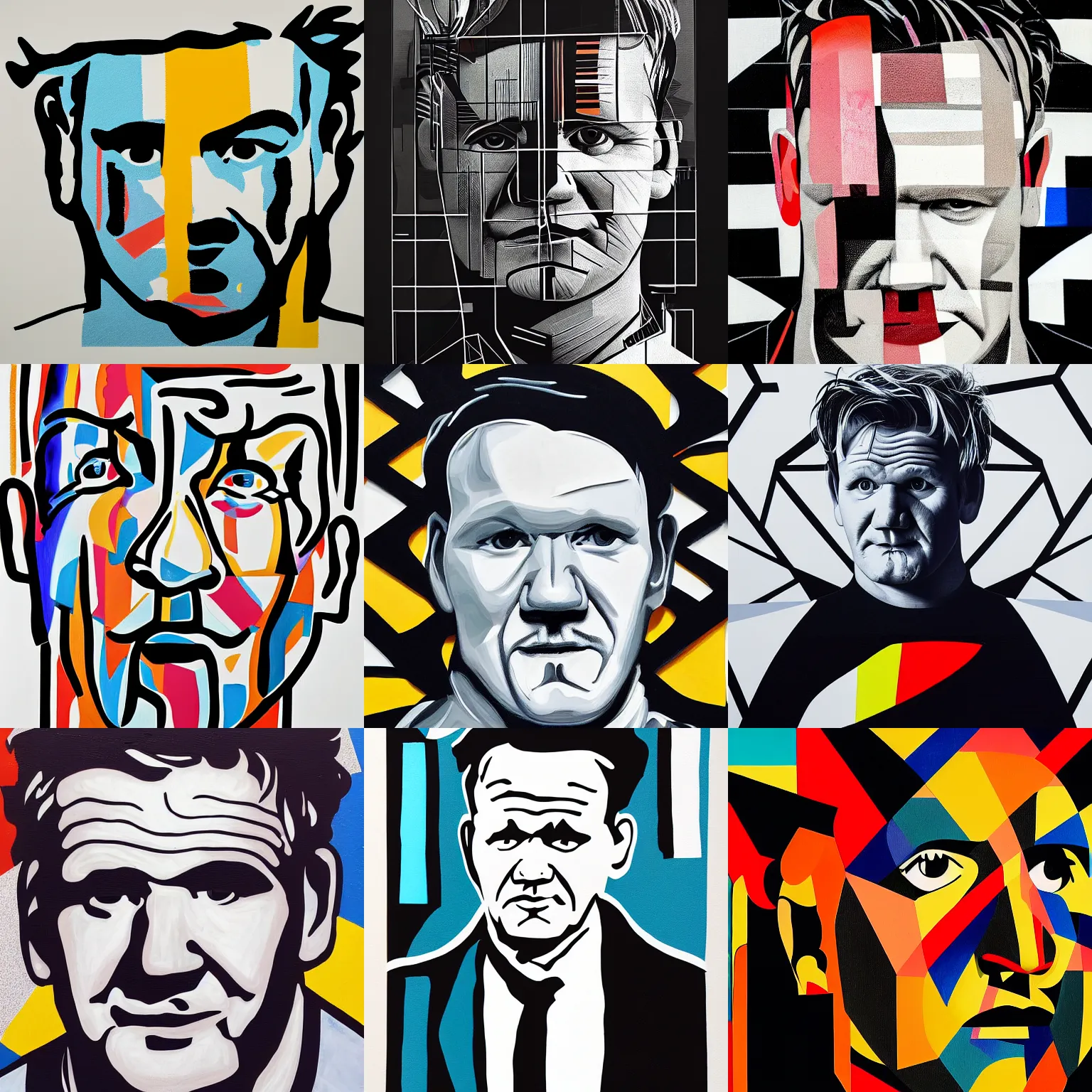 Prompt: Portrait of Gordon Ramsay, modern art, geometric shapes, spray paint, black lines, museum art