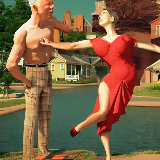 Prompt: a giantess man with a giant woman dancing together, enormous, big, by enoch bolles, 3 d render, photo, digital art, trees, houses, street, hearts