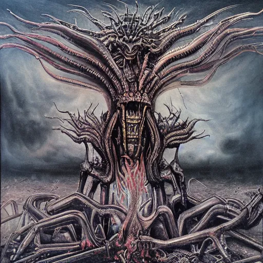 Prompt: painting by h. r. giger, fantasy demon rising from the ashes like a phoenix, metal album cover, punk, condemned to misery, terminate, metal, cloudy landscape, wide angle