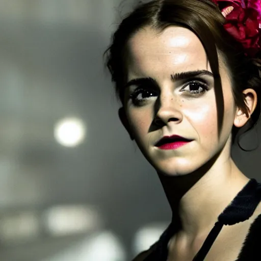 Image similar to Emma Watson as Jinx ,Arcane, cinematic, Wide-shot, atmospheric lighting, directed by Quentin Tarantino, movie still