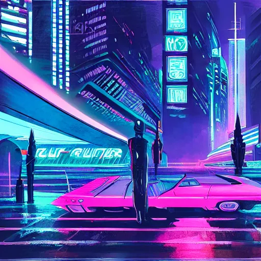 Prompt: cyber punk, futuristic, neo Chicago, blade runner city concept art, in the style of Syd Mead, award winning illustration, neon lights, raining