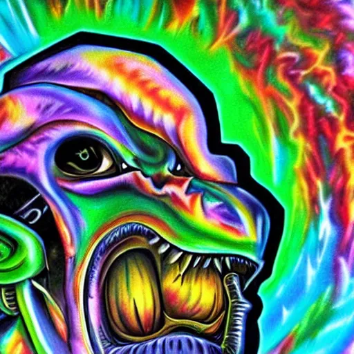 Image similar to psychedelic airbrush art of an orc driving a motorcycle