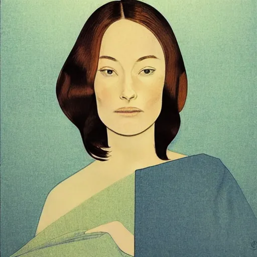 Image similar to “ olivia wilde portrait by ikenaga yasunari and ayana otake and ko rakusui, 6 0 s poster, drawing, realistic, sharp focus, japanese, dreamy, nostalgia, faded, golden hues, floral clothes ”