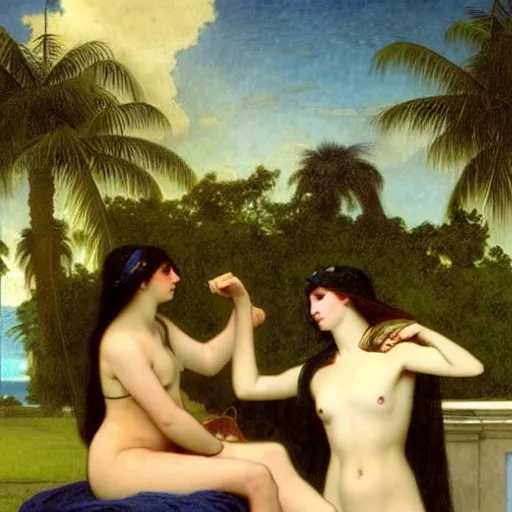 Image similar to Silhouette of two girls at the palace, thunderstorm, greek pool, beach and palm trees on the background major arcana sky, by paul delaroche, alphonse mucha and arnold böcklin arnold böcklin hyperrealistic 8k, very detailed