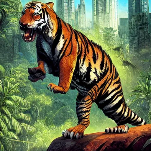 Image similar to a hybrid animal that is half alligator and half tiger in a futuristic city scape on the edge of the jungle, rule of thirds, painting style of jean giraud and moebius and don lawrence and alex ross