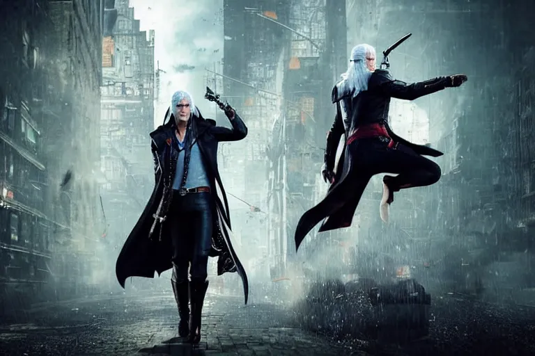 Image similar to vfx movie suave handsome grinning vampire with long white hair, trench coat, dual wielding large revolvers, leaping into the air, low gravity in a shattered reality of new york city, witcher devil may cry by emmanuel lubezki