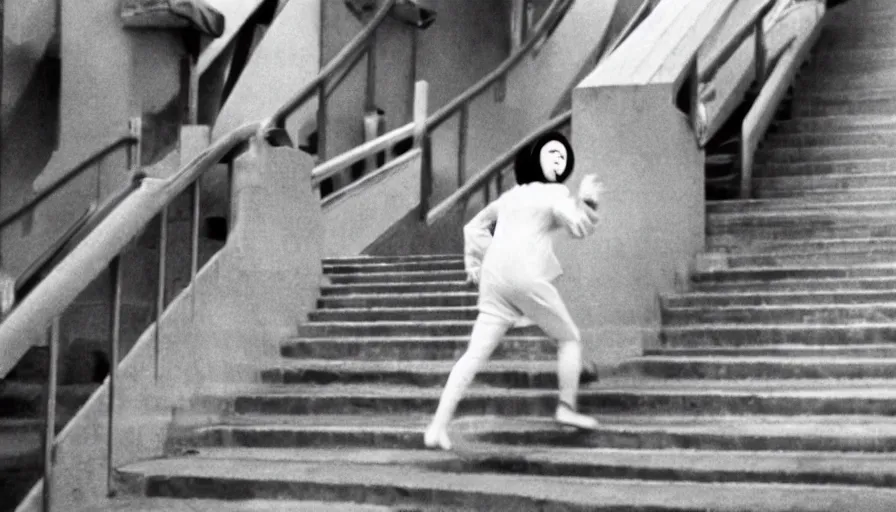 Prompt: 60s movie still of a white japanese female phantom running in infinite stairs, eastmancolor, heavy grain, high quality, higly detailed, liminal space