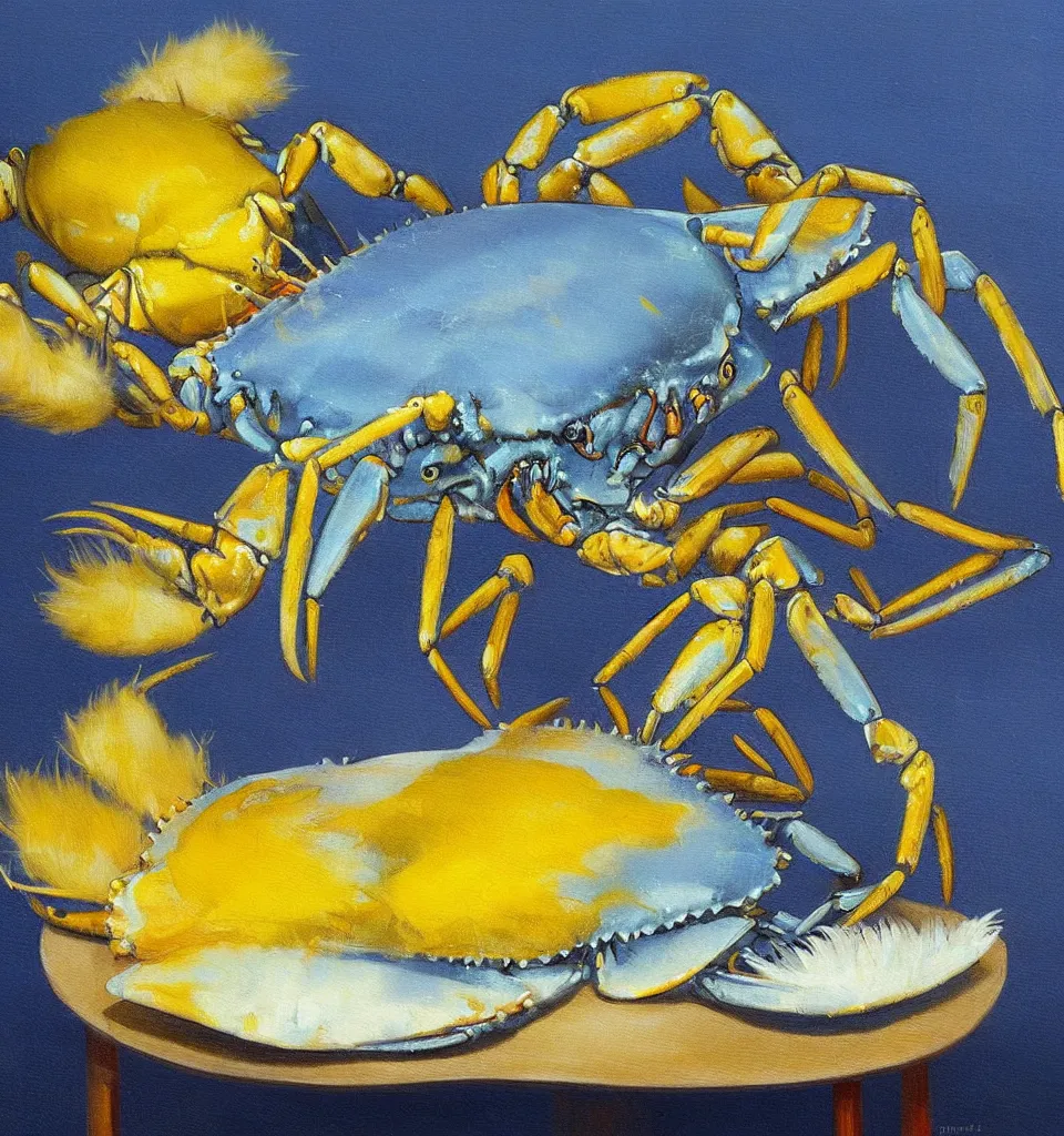 Prompt: still life painting of a blue fat fish crab lobster dancing with a yellow laughing duck rabbit on a white table, high contrast lighting, impressionism, real fur, real feather