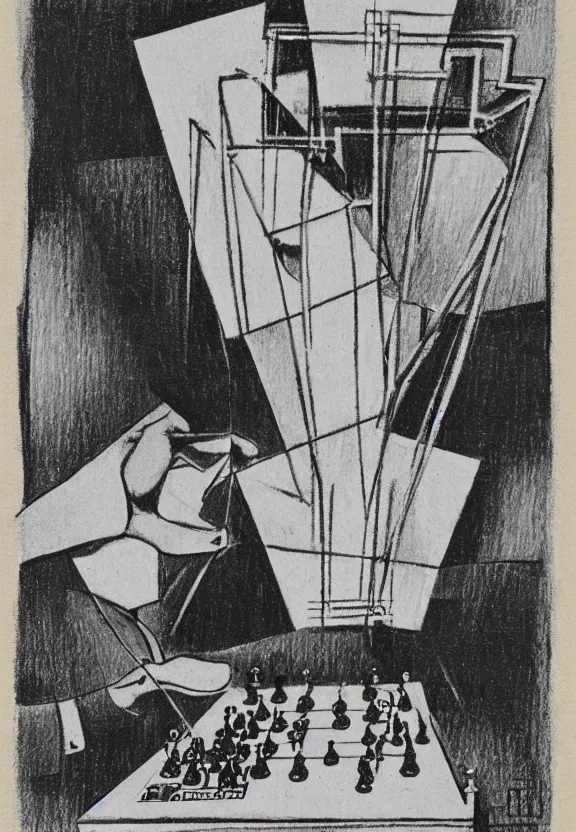 Image similar to a concept drawing of marcel duchamp holding up a chess - piece wire - machine, a surrealist painting by marcel duchamp, complex artificial - intelligence machinery, minimal sketch flow - chart, academic art, 1 9 2 0 s