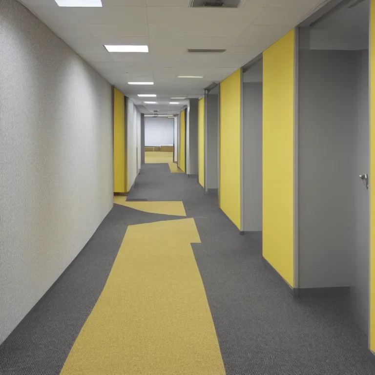 Image similar to liminal abandoned office hallways with walls and carpeting with a monochromatic tone of pale yellow, fluorescent lights, pale yellow walls, pale yellow carpet flooring, european office