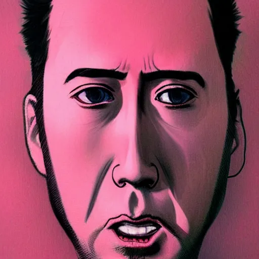 Prompt: prompt : pink nicolas cage portrait soft light painted by james jean and katsuhiro otomo and erik jones, inspired by evangeleon anime, smooth face feature, intricate oil painting, high detail illustration, sharp high detail, manga and anime 1 9 9 9