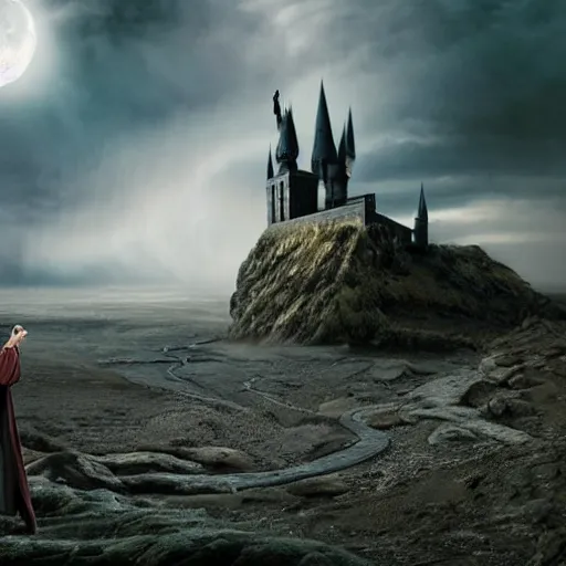 Prompt: Harry potter standing and casting a wand, back view, thunderclouds, cinematic shot, wide shot, epic scale, waving robe movement, photorealistic detail and quality, intricate ground stone, magical sigils, floating particle effects, movie still, nighttime, crescent moon, sharp and clear, action shot, intense scene, visually coherent, symmetry, rule of thirds, movement, photorealistic colors, cool colors transitioning to warm colors, award winning, directed by Steven Spielberg, Christopher Nolan, Tooth Wu, Asher Duran, Greg Rutkowski