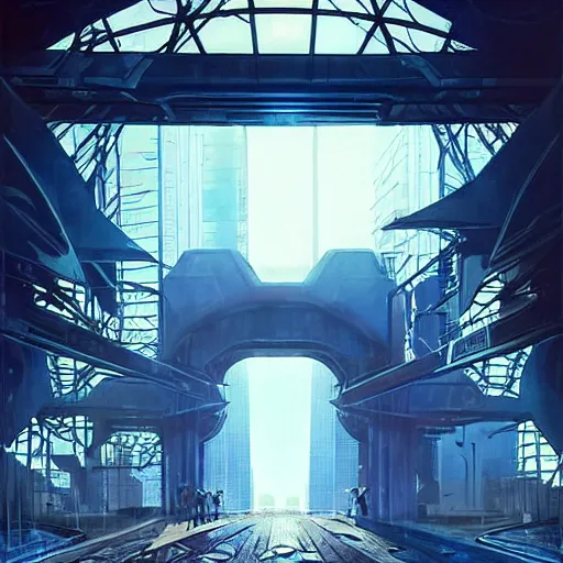 Image similar to overgrown futuristic cityscape located under a bridgeway, world seen only through a portal, daylight, cinematic perspective, cinematic lighting, blue sky, syd mead, john harris, symmetrical