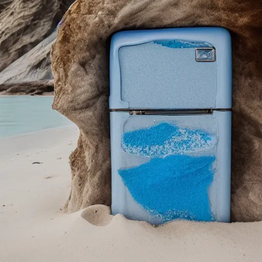 Prompt: refrigerator made of blue sand on the beach