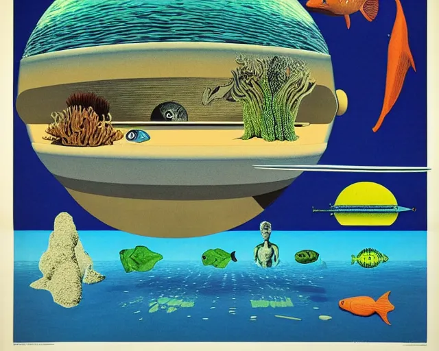 Image similar to 1976 science fiction poster, cut out, nouvelle vague, beach on the outer rim, epic theater, tropical sea creatures, aquatic plants, drawings in style of Terry Gilliam, composition William S Boroughs, written by Michael Ende