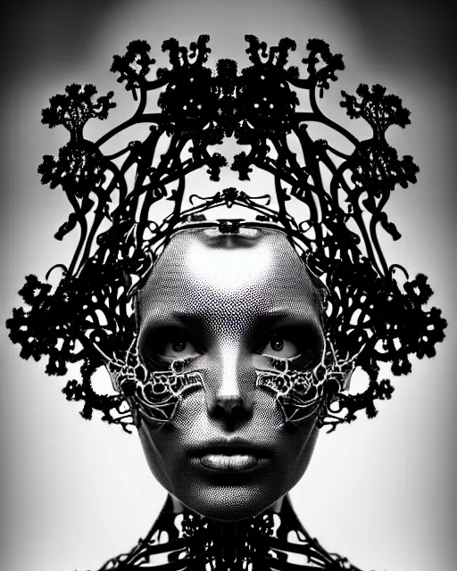 Image similar to surreal black and white photo portrait of complex biomechanical young female cyborg with a mandelbrot fractal metal fine lace face, silver hair, 150 mm lens, soft rim light, fine metal floral foliage super big lace collar, Alexander McQueen, high fashion, haute couture, rococo, steampunk, silver filigree details, anatomical, facial muscles, cable wires, microchip, elegant, hyper realistic, octane render, unreal engine, by Man Ray and Dora Maar, volumetric lighting, 8k,